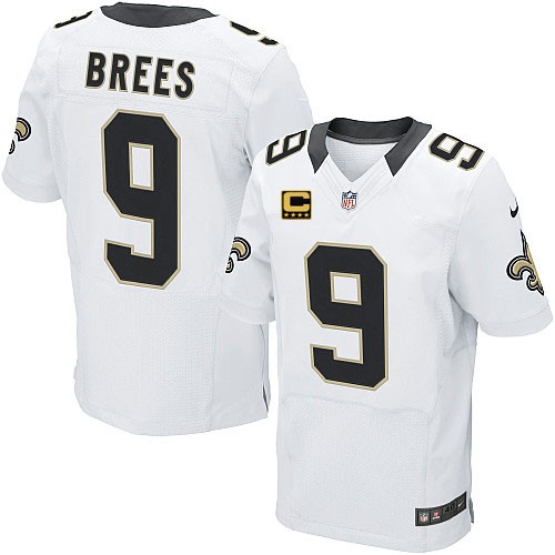 Men's Elite Drew Brees C Patch Nike Jersey White Road - #9 NFL New Orleans Saints